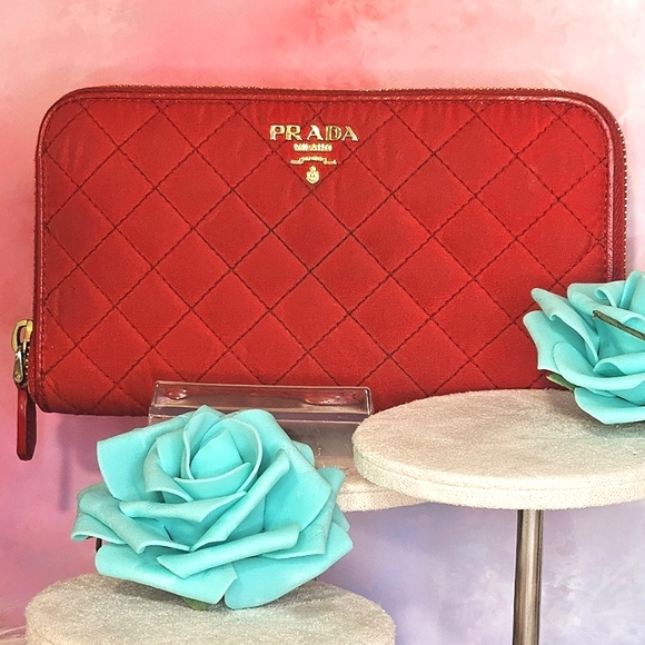 PRADA Quilted Fiery Red Nylon & Saffiano Leather Long Wallet Round Zipper - Picture 1 of 16
